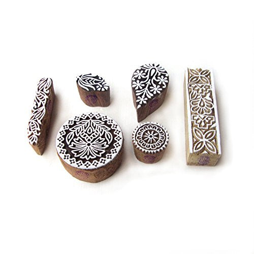 Handmade Round and Leaf Pattern Wooden Printing Blocks (Set of 6) - color: Htag0325