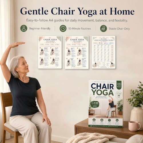 Chair Tai Chi Workout Chart & Yoga Poster for Seniors & Beginners | Set of 6 Illustrated Guides & 6 30-Day Challenges, Laminated Gentle Seated Exercise Charts for Mobility, Balance, Flexibility
