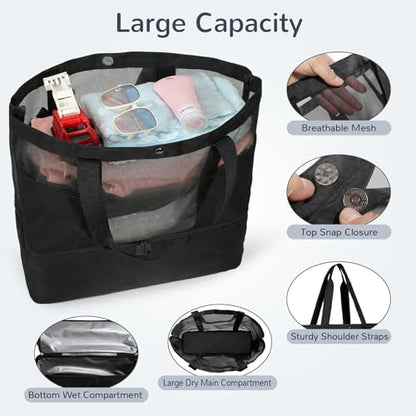 Mesh Tote Beach Bag with Leakproof Wet Compartment - color: Black