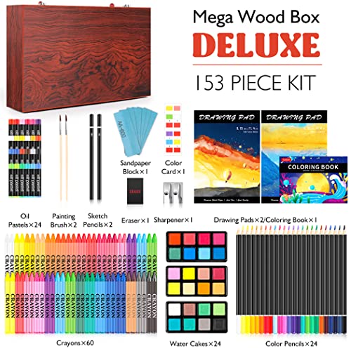 Caliart Art Supplies Kit, 153-Pack Deluxe Drawing Art Set Painting Coloring | 2 A4 Sketch Pads, Coloring Book, Colored Pencils, Crayons, Crafts Gifts for Artists Teen Girls Boys Kids Adults - color: Cherry