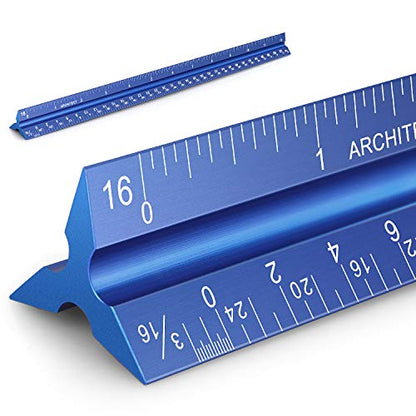 12" Architectural Scale Ruler Aluminum Architect Scale Ruler, Blue | Triangular Scale Ruler for Architects, Draftsman, Students and Engineers - color: Blue