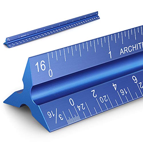12" Architectural Scale Ruler Aluminum Architect Scale Ruler, Blue | Triangular Scale Ruler for Architects, Draftsman, Students and Engineers - color: Blue