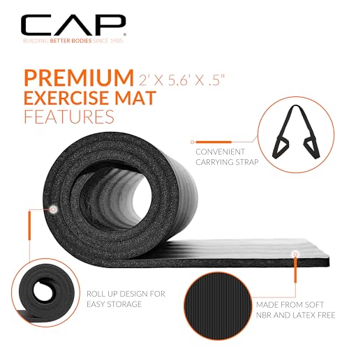 CAP Barbell 1/2-Inch High Density Exercise Yoga Mat with Strap | Multiple Options - color: Black, style: Yoga Mat