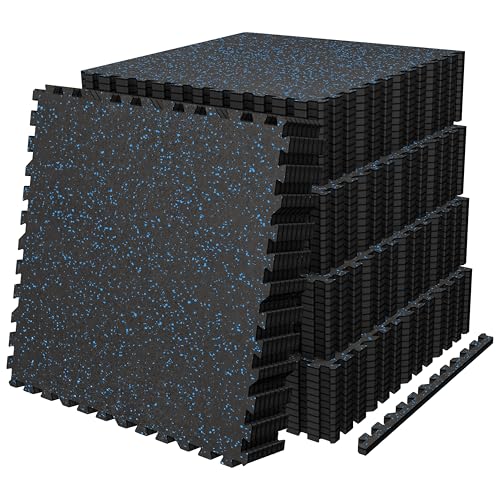 AIRHOP 0.56in Thick 192 Sq Ft Exercise Equipment Mats, 48 Tiles Upgraded Rubber Top with High Density EVA Foam, Large Interlocking Puzzle Gym Flooring for Home Gym, Heavy Weight Workout, 24 x 24in - color: Black/Blue, size: 192 Sq Ft (48 Tiles)