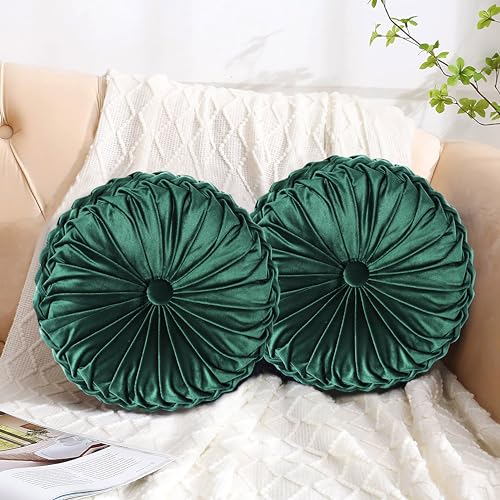 HIG Set of 2 Emerald Velvet Decorative Round Pleated Throw Pillows - color: Emerald