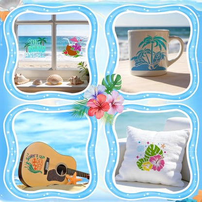 Konsait 16 Pack Summer Stencils, 6" Reusable Hello Summer Palm Tree Sun Tropical Animals Beach Stencils for Painting, DIY Crafts, Wall, Wood, Shirts, Canvas and More