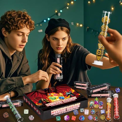 QMAY Mystery Dice Box - 42 Pcs Polyhedral Dice & 6 Pcs Dice Display Tubes - style: Mystery Dice Gift Box (6 set dice)