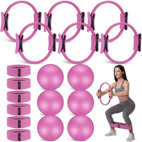 Seenelling 18 Pcs Pilates Ring and Ball Bulk Home Pilate Kit - color: Pink