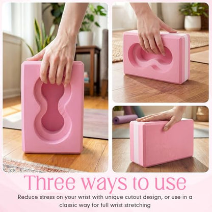 Yoga Blocks 2 Pack for Wrist Relief,Yoga Block with Knee Pads Strap - color: Pink
