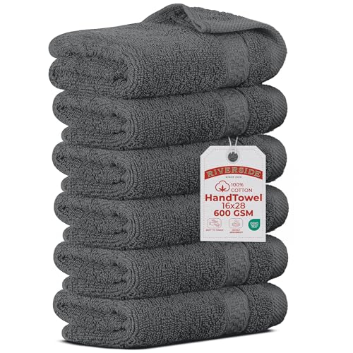 RIVERSIDE 6-Pack Premium Hand Towels Set, 16x28 inches, 100% Ring Spun Cotton, Super Soft, Quicker to Dry and Highly Absorbent, Towels for Bathroom, Kitchen, Gym, Spa, Gray - color: Gray, size: Hand Towels - 6 Pack