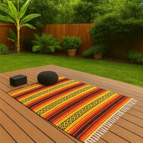 Open Road Goods Heavyweight Mexican Falsa Yoga Blanket, Extra Thick with Stripes - Great Beach, Picnic, or Throw - Handmade Sunfire Red, Orange, and Black Colors - color: Orange, Red, Black