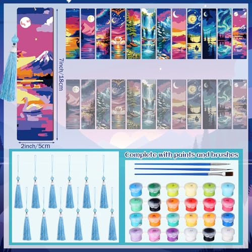 Kosiz 12 Pcs Night Landscape Paint by Number Kit for Adult Wood Bookmark | Mini Paint by Numbers Kit, Painting Decor, Tiny Mountain Tassels Blank Bookmarks, for Small DIY Craft Book Lovers Gift 7x2 '' - style: Night Landscape