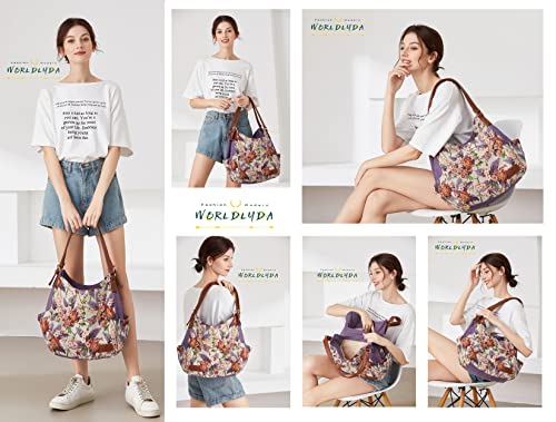 Worldlyda Women Canvas Hobo Purse Multi Pocket Tote Shopper Shoulder Bag Casual Top Handle handbag with Embroidery Ethnic - color: Be06purple Flower