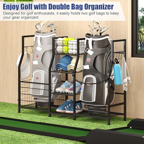 Golf Bag Storage Rack & Sports Equipment Organizer, Garage Organization | Golf Gift for Men, Golf Bag Stand for Golf Bag Accessories, Golf Organizer for Garage Golf Clubs with Basket and Hooks - size: 11.81"D x 43.3"W x 31.89"H