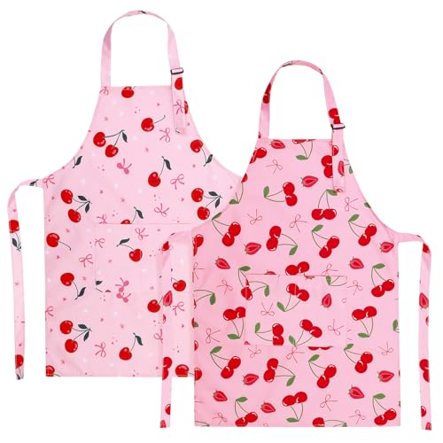 2 Pack Kids Apron, Cute Cooking Aprons, Waterproof Art Apron with Pockets, Toddler Painting Artist Apron Adjustable - color: Cherry, size: 45*62cm