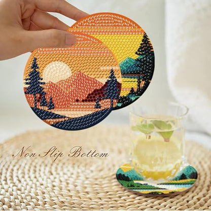 Clendo 8 Pcs Landscape Diamond Art Coasters Kit with Holder, Sunset Small Diamond Art Kits for Adults Beginners, Diamond Painting Coasters Arts and Crafts for Adults Supplies Item Sets - color: Bdwy299-us