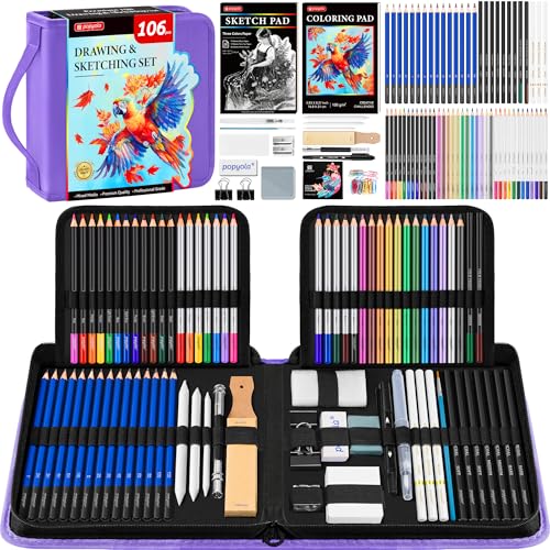 106 Pack Drawing Set Sketching Kit, Pro Art Supplies Sketch Pencils Set | with 3-Color Sketchbook, Coloring Book, Tutorial, Graphite Colored Charcoal Watercolor & Metallic Pencils - color: Purple, size: 106 Pack