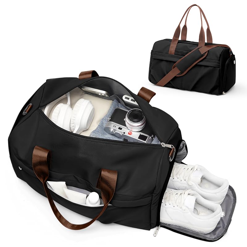 Gym Bag for Women Men with Shoe Compartment, Sport Duffel Bag, Waterproof Travel Weekender Overnight Carry on Bag for Yoga with Trolley Sleeve, Black Brown | Waterproof Weekender Overnight Carry on Duffle Bag with Trolley Sleeve for Traveling, Yoga, Gym,