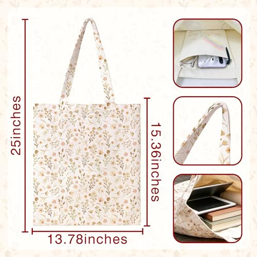 Kazova Floral Tote Bag for Women Canvas Cotton Book Bag Boho Wildflower Reusable Shoulder Tote with Inner Pocket for Students Class Daily Use 25x13.8 Inch - color: Boho a