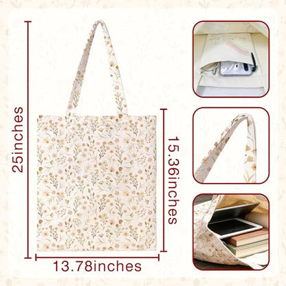 Kazova Floral Tote Bag for Women Canvas Cotton Book Bag Boho Wildflower Reusable Shoulder Tote with Inner Pocket for Students Class Daily Use 25x13.8 Inch - color: Boho a