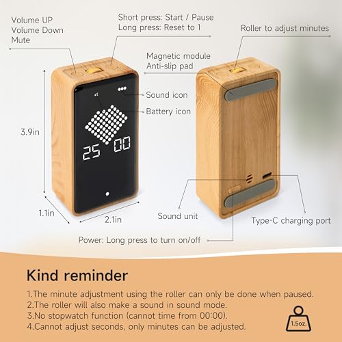Visual Timer, Rechargeable Digital Hourglass Timer with LED Display - color: Wood Grain Finish
