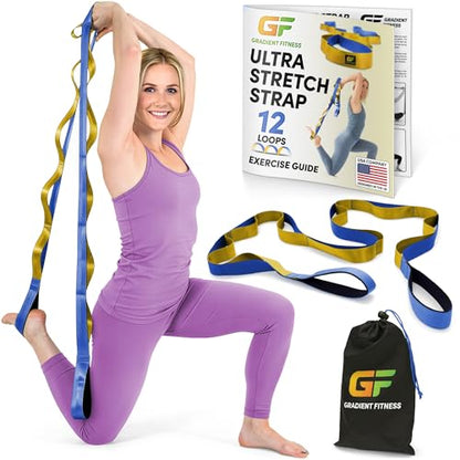 Gradient Fitness Stretching Strap for Physical Therapy, 12 Multi-Loop Stretch Strap 1.5" W x 8' L, Neoprene Handles, Physical Therapy Equipment, Yoga Straps for Stretching, Leg Stretcher. - color: Blue/Gold