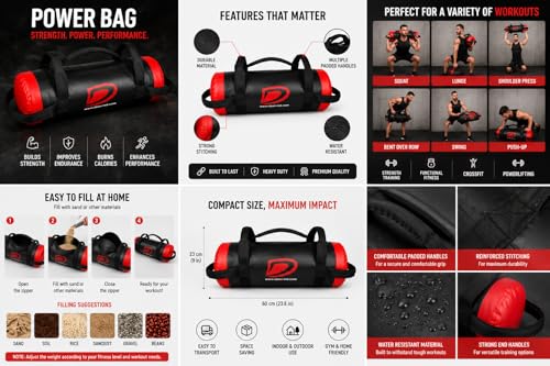 Vinyl Sandbag Workout Training Power Bag with Handles & Zipper | Weight Lifting, Running, Weight Adjustable Fitness Powerbag, Crossfit Exercise Powerlifting and Functional Gym Workout Unfilled