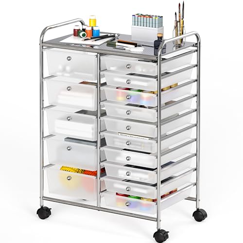 Simple Houseware 15 Drawers Rolling Utility Cart Art Craft Storage, Chrome | 2-Column, 35.8" Height, Lockable Wheels, for School, Office, Art Craft, and Paper Storage - color: Chrome, size: 15 Drawers