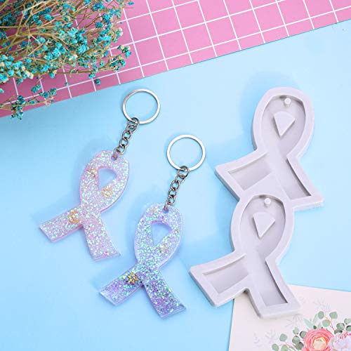 WILLBOND 6 Pcs Breast Cancer Awareness Ribbon Silicone Keychain Mold | Mold with Holes and 10 Pcs Key Rings for DIY Necklace Pendant Earrings Clay Craft Fondant Chocolate Candy