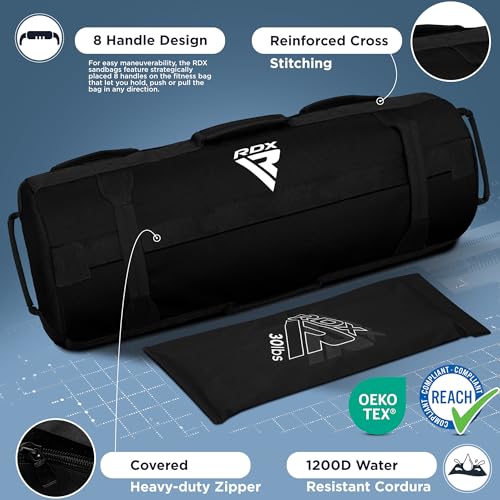 RDX Sandbag for Fitness Weights Training, Unfilled Power Bags with Handles, 5-200 LBs Adjustable Weighted Slam Bag for Strength Powerlifting Running Heavy Workout Home Gym Exercise, Sold AS UNFILLED - color: BLACK, size: 5 TO 25 LB