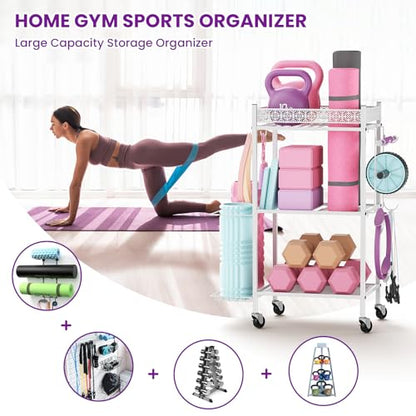 VOPEAK Home Gym Storage Rack, 3-Tier Yoga Mat Storage with Wheels & Hooks | 200 lbs steel rack with lockable casters & side hooks. 3-tier fits yoga mats & dumbbells — 10-min assembly - color: WHITE