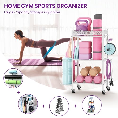 VOPEAK Home Gym Storage Rack, 3-Tier Yoga Mat Storage with Wheels & Hooks | 200 lbs steel rack with lockable casters & side hooks. 3-tier fits yoga mats & dumbbells — 10-min assembly - color: WHITE