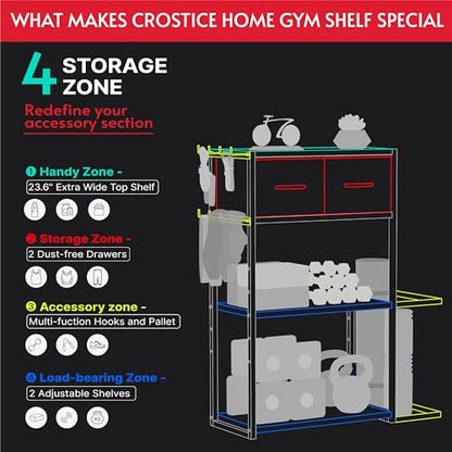 Home Gym Storage Rack, Adjustable 4-Tier with Extra Drawer