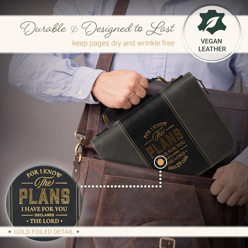 Christian Art Gifts Classic Vegan Leather Premium Inspirational Bible Cover for Men & Women: Know the Plans Encouraging Scripture Verse, Pen Loops, Ribbon Bookmark, Pockets, Charcoal/Black/Gold, Large - size: Large
