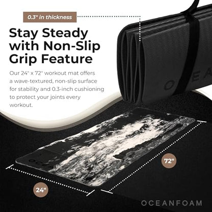 Oceanfoam Travel Workout Mat – 0.3" Thick Folding Exercise Mat for Yoga, Pilates, & Fitness – Non-Slip with Cotton Carrying Strap, Made with Sustainable Algae Foam – 24" x 72" (Black Marbled) - color: Black Marbled