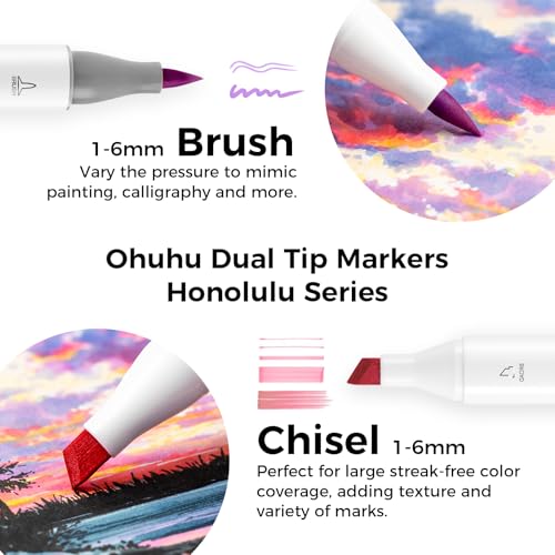 Ohuhu Alcohol Markers 104 Colors Brush& Chisel for Adults Cozy Coloring | AP Certified Refillable Art Marker, Dual Tips Alcohol-based for Artists Beginners Drawing Illustration Sketching, Honolulu - style: Brush & Chisel