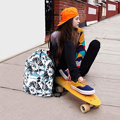 XEYOU Drawstring Backpack Bag Sport Gym Sackpack Beach Cinch Bag | Lightweight Swimming Bag, Water-Resistant Fabric, Travel Daypack for Women and Men - color: Black and White Flower Pattern