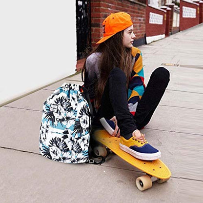 XEYOU Drawstring Backpack Bag Sport Gym Sackpack Beach Cinch Bag | Lightweight Swimming Bag, Water-Resistant Fabric, Travel Daypack for Women and Men - color: Black and White Flower Pattern