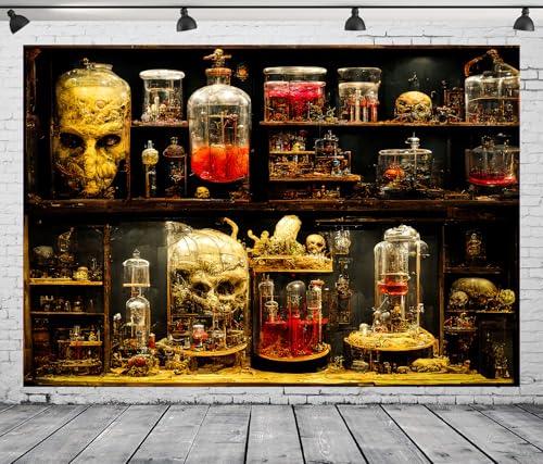 8x6FT Horror Lab Halloween Backdrop Frankenstein Ghost Skeletons Magic Witches Apothecary Authentic Lab Specimen for Halloween Party Birthday Baby Shower Party Supplies Decorations Backdrop - size: 8x6FT