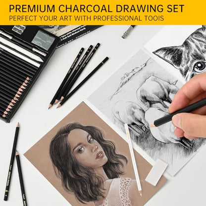 Sketch Drawing Pencil Set, 24 Pcs, Graphite Pencils (14B-4H) | Art Pencil Kit with Black and White Charcoal Pencils, Charcoal Sticks, Stumps, Eraser, Sharpeners, Sketch Set for Artists