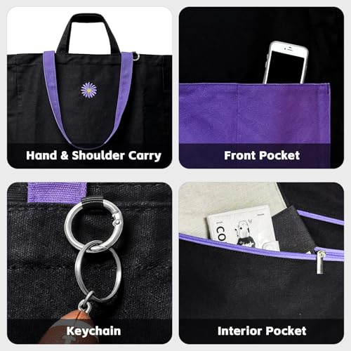 Commuter Tote Bag for Women, Black Canvas Shopping Tote, 27L Everyday Work Bag with Zip Top, 2 Outer Pockets, Short Handles, Inner Zipper Pocket, Utility Carryall for Laptop, Lunch and Grocery Runs