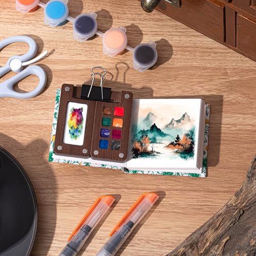 Qilery Mini Portable Watercolor Palette Set Wooden Grid Paint Box Watercolor Paper Sketch Book Brush Pens with Binder Clip for Painters Artist Not Include Paint(Mountain Chrysanthemum) - style: Mountain Chrysanthemum