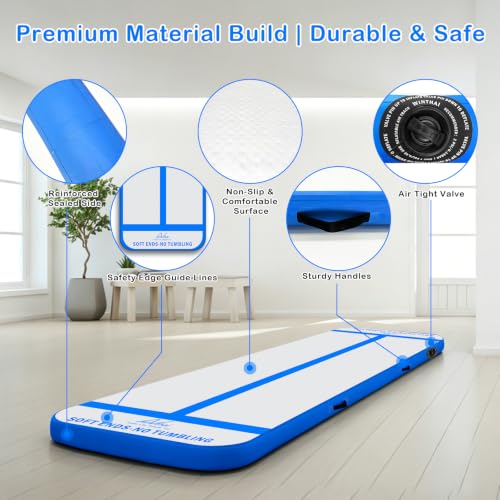Inflatable Air Gymnastics Mat Training Mats with 2-in-1 Safety Guide Lines - color: Blue, size: 10ft*3.3ft*4inch