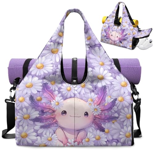 Gym Bag with Yoga Mat Holder Large Tote Bag With Multi Pockets for Women Men Dry Wet Separated Pocket Carryall Yoga Tote Bag for Pilates Travel Workout Office - color: Pink Axolotl