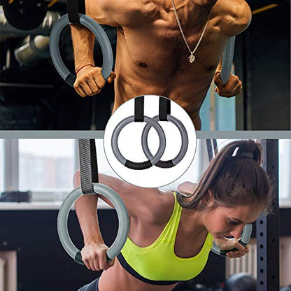 PACEARTH Gymnastic Rings 1100lbs Capacity with 14.76ft Adjustable Buckle Straps Pull Up Exercise Rings Non-Slip Rings for Home Gym Full Body Workout - color: Grey