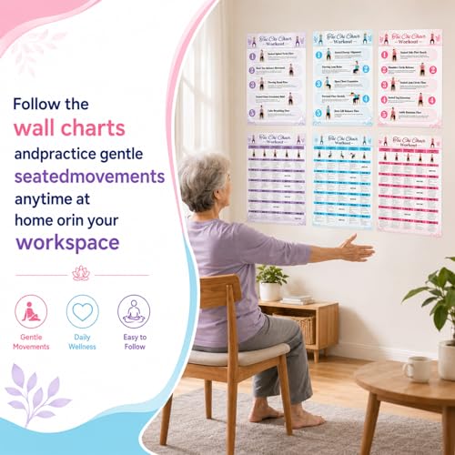 Tai Chi Chair Workout Chart Poster Set,6 Laminated Exercise Charts,30-Day Seated Tai Chi Routine