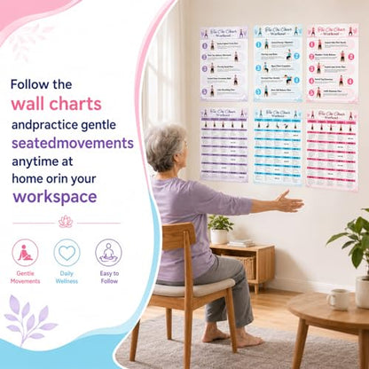Tai Chi Chair Workout Chart Poster Set,6 Laminated Exercise Charts,30-Day Seated Tai Chi Routine