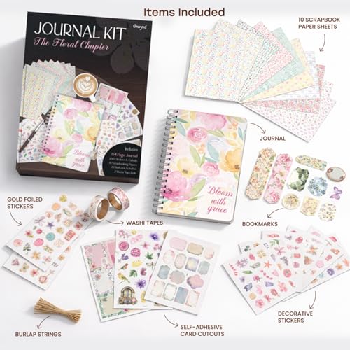 Unwynd Floral Chapter Journal Scrapbooking Starter Kit for Women Adult Teen | Junk Scrapbook Supplies - Washi Tape, Stickers, Paper, Bullet Art, DIY Journaling Scrapbooks Set - Calligraphy & Sumi Brushes