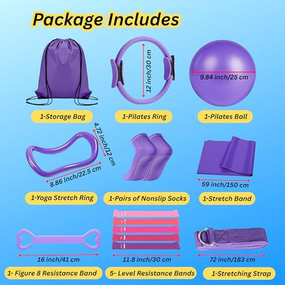 Pilates Kit for Home Workouts, 13-Pcs Pilates Essentials Kit with Ring and Ball Set, Resistance Bands, Home Pilates Equipment for Women, Starter Workout Kit for Beginners