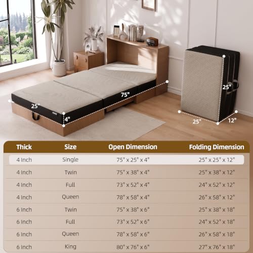 ROXGOX Memory Foam Trifold Mattress, Single Portable Floor Bed 4 Inch, Foldable Mat with Washable Cover, Handle & Non-Slip Bottom, for RV, Travel, Camping, Yoga, 75"x25"x4", Grey - size: Single, style: 4 Inch-Grey